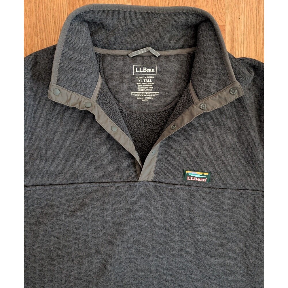 L.L. Bean Pullover Men XL Tall XLT Gray Sweater Fleece Snap Neck 502793